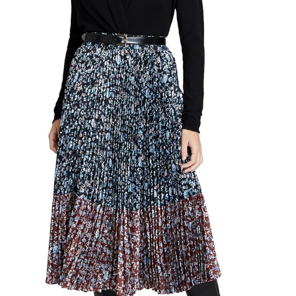 Club Monaco Floral Pleated Midi Skirt - Black and Brown
